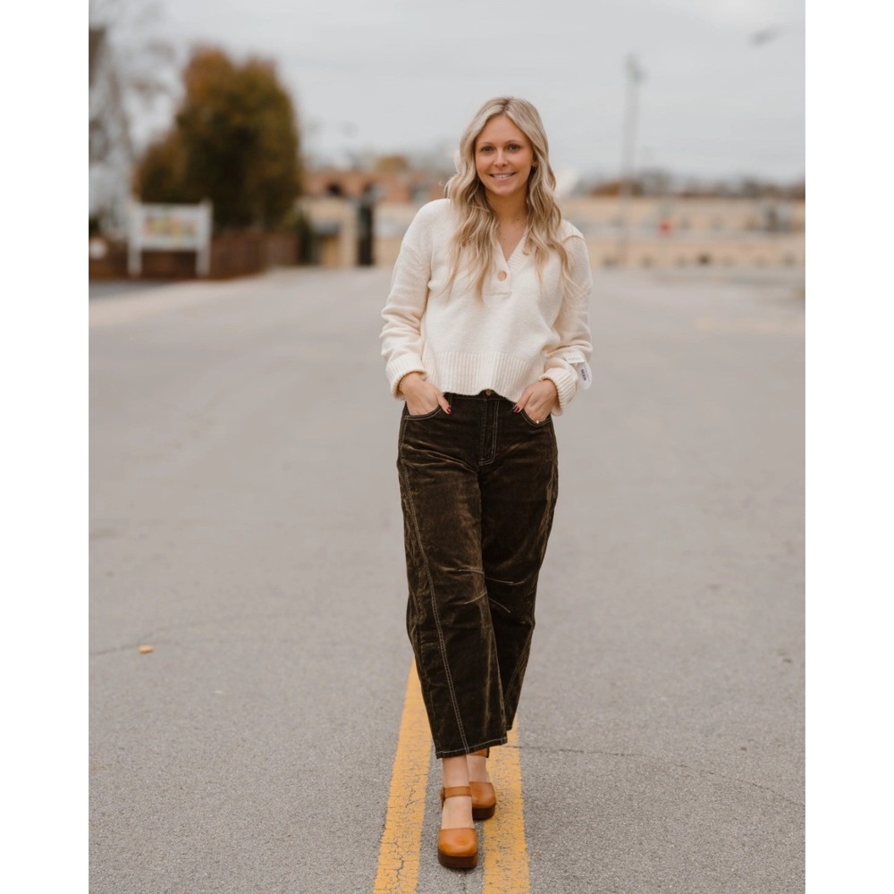 NWT Vervet Kate High Rise Flocked Barrel Leg Jeans Velvet Olive Brown Size 30